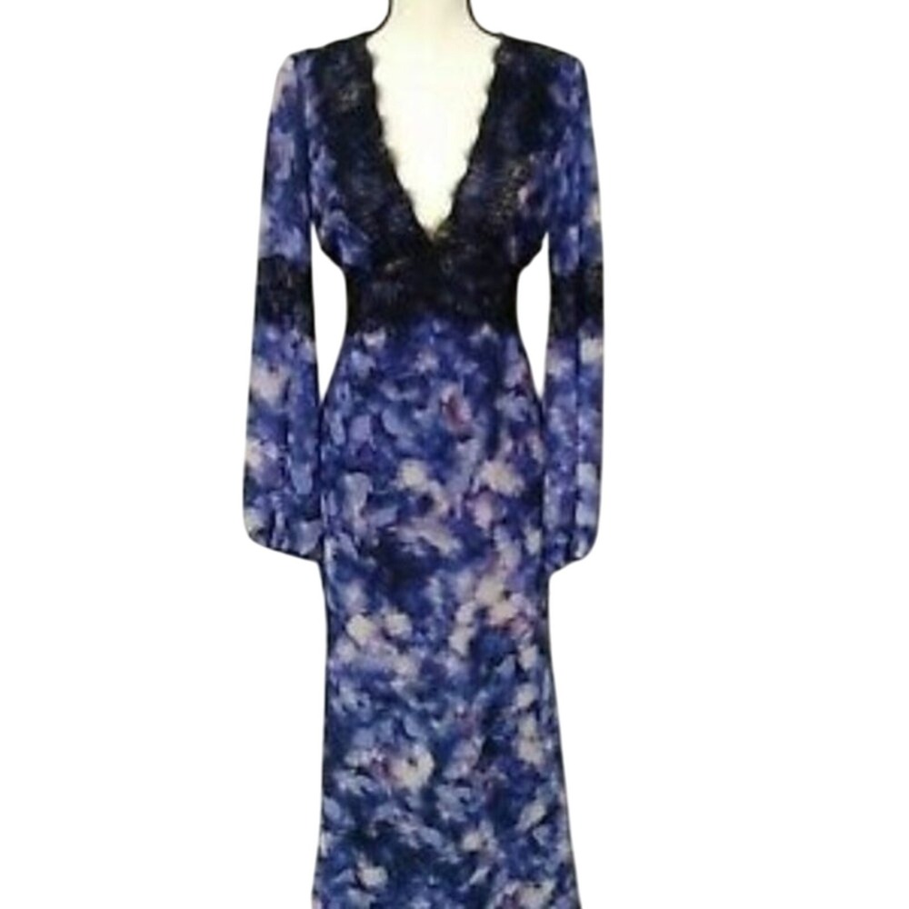 Badgley Mischka Purple Floral Chiffon Lace Trapeze Dress 10 EUC Whimsigoth